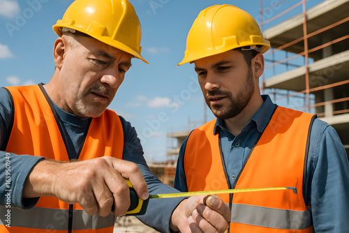 Two construction workers measuring at building site