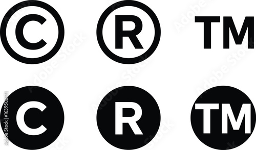 Intellectual property symbols, copyright, trademark, registered mark, black and white icons, legal protection vector set