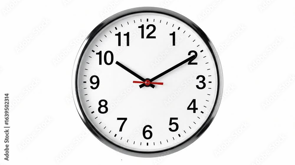 A wall clock with a white face black numbers a metal frame and red and black hands A wall clock with a white face black numbers a metal frame and red and black hands
