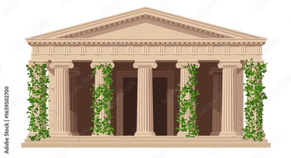 Naklejka premium Ancient Greek temple with columns and ivy on facade , for architects, historians, and educational materials in cultural heritage studies
