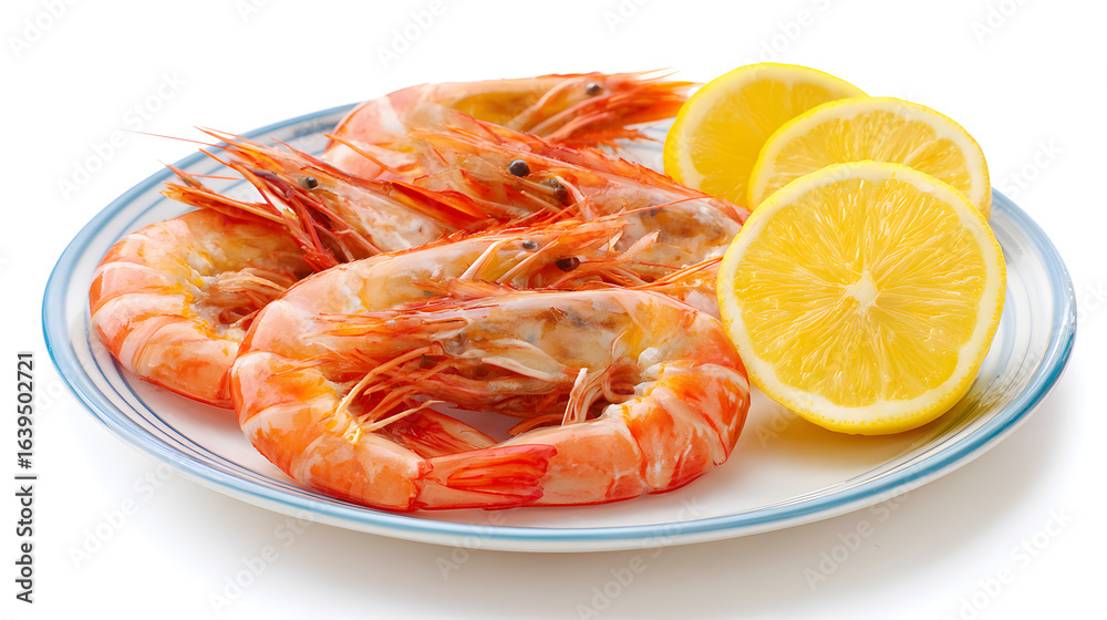 Cooked shrimp and lemon slices on a plate a delicious seafood dish Cooked shrimp and lemon slices on a plate a delicious seafood dish