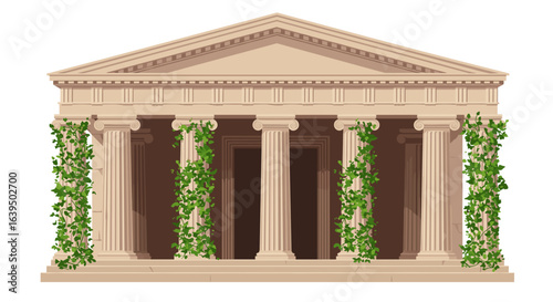 Ancient Greek temple with columns and ivy on facade ,  for architects, historians, and educational materials in cultural heritage studies