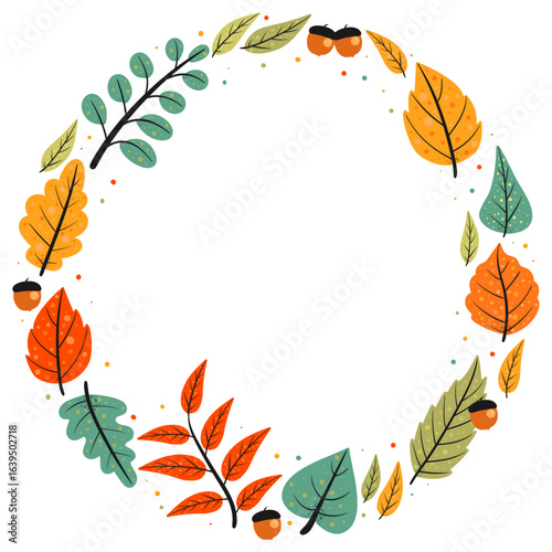Set with autumn leaf circle frame. Doodle floral fall elements. Isolated vector illustration.
