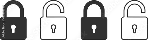 Padlock icons set, locked and unlocked states, security symbols, privacy design, vector outline, access control