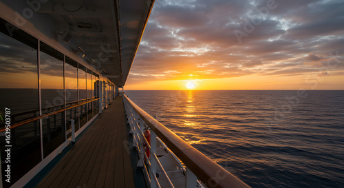 A golden sunset over the tranquil ocean viewed from the empty promenade deck of a cruise ship.