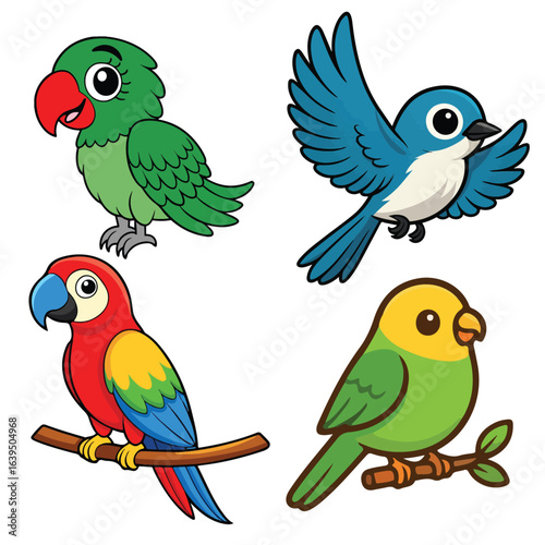 Colorful Cartoon Birds Parrot, Bluebird, Macaw, and Lovebird