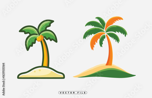 Colorful cartoon palm trees on small islands with sandy beaches vector illustration set