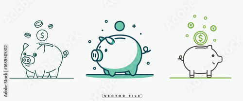 Piggy bank vector illustrations with coins and savings theme in various styles