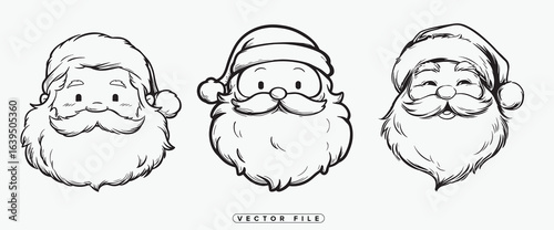 Collection of Black and White Santa Claus Face Illustrations in Various Expressions