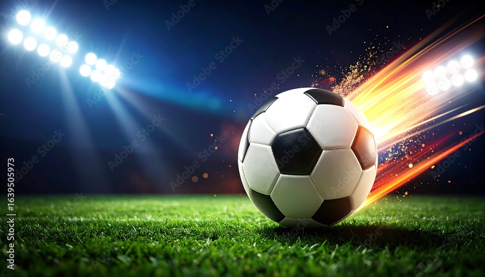 Fototapeta premium Soccer Ball with Fiery Trail on Illuminated Field at Night
