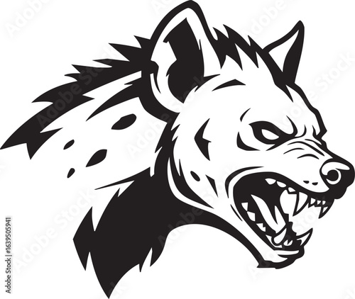 A fierce black and white illustration of an angry hyena head snarling and baring its sharp teeth.