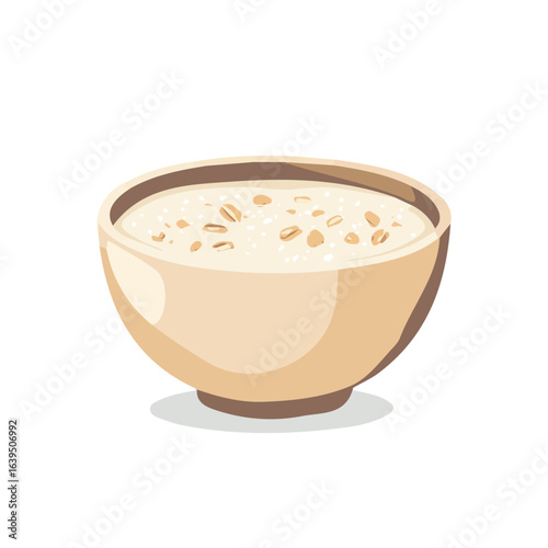 Geometric flat vector illustration of an oatmeal bowl, abstract and modern 2D design, clean shapes with smooth lines, isolated on a white background. artwork collection