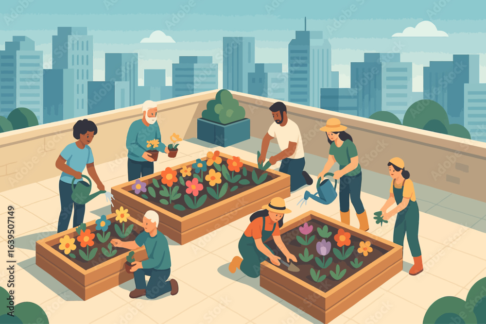 Naklejka premium Illustration of a diverse group of people gardening on a rooftop in an urban city, planting and watering vibrant flowers and vegetables in raised garden beds