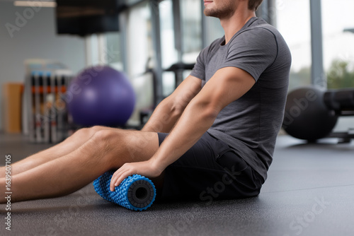 Man using foam roller for muscle recovery in gym