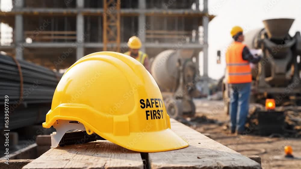 A yellow safety helmet with SAFETY FIRST text sits on wooden planks at a construction site A yellow safety helmet with SAFETY FIRST text sits on wooden planks at a construction site