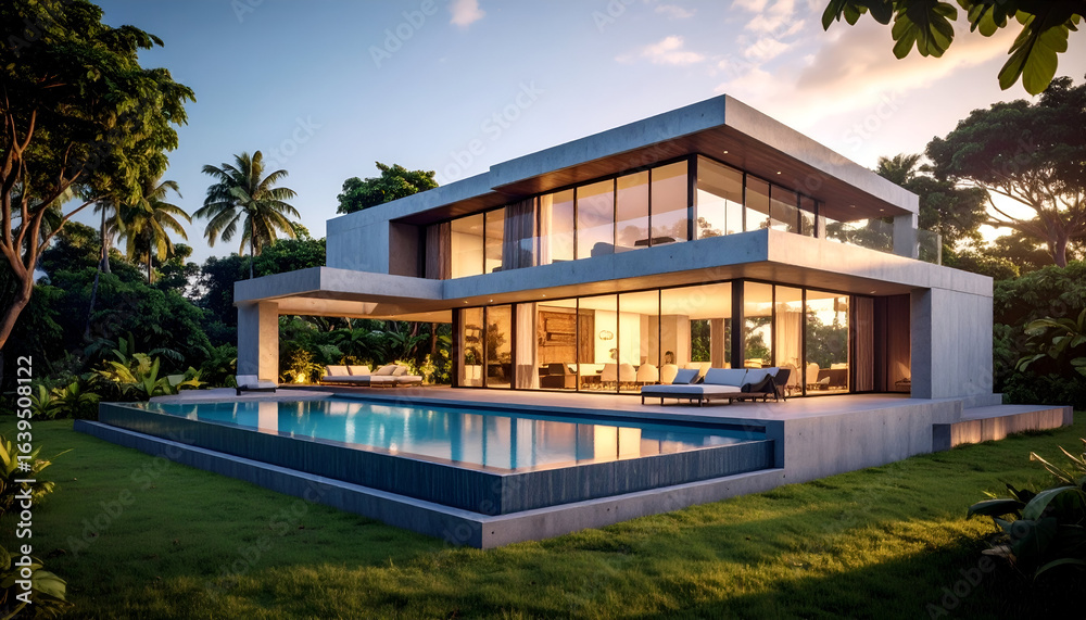 Modern villa with sunset, pool, and tropics. Modern villa with sunset, pool, and tropics.