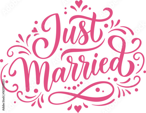 Just married pink cursive text with hearts and swirls for wedding celebration designs