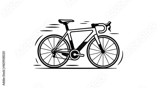 A black and white line drawing of a racing bicycle in motion.  