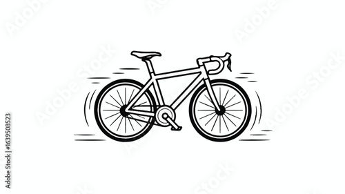 A black and white line drawing of a racing bicycle in motion.  