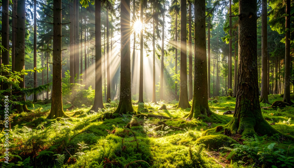 Obraz premium Sunbeams in Misty Forest. (6)