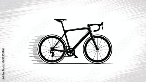 A black and white line drawing of a racing bicycle in motion.  