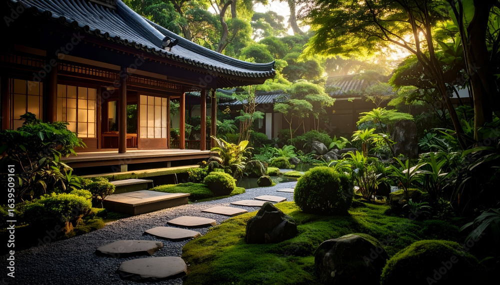 Serene Japanese Garden Sunrise. Serene Japanese Garden Sunrise.