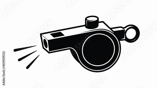 A black and white minimalist illustration of a metal whistle in a side profile view.  