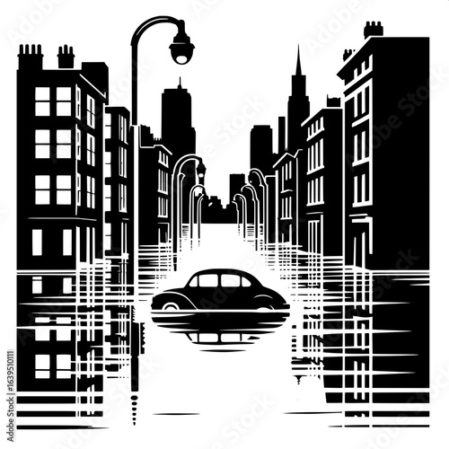 Black and White Vector Silhouette of Flooded Street with Submerged Car