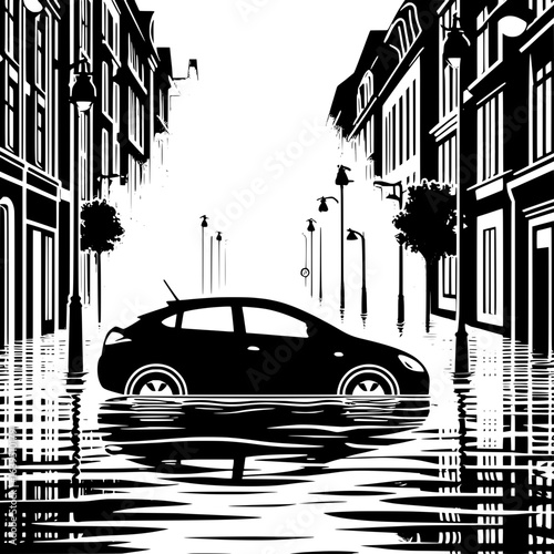 Black and White Vector Silhouette of Flooded Street with Submerged Car