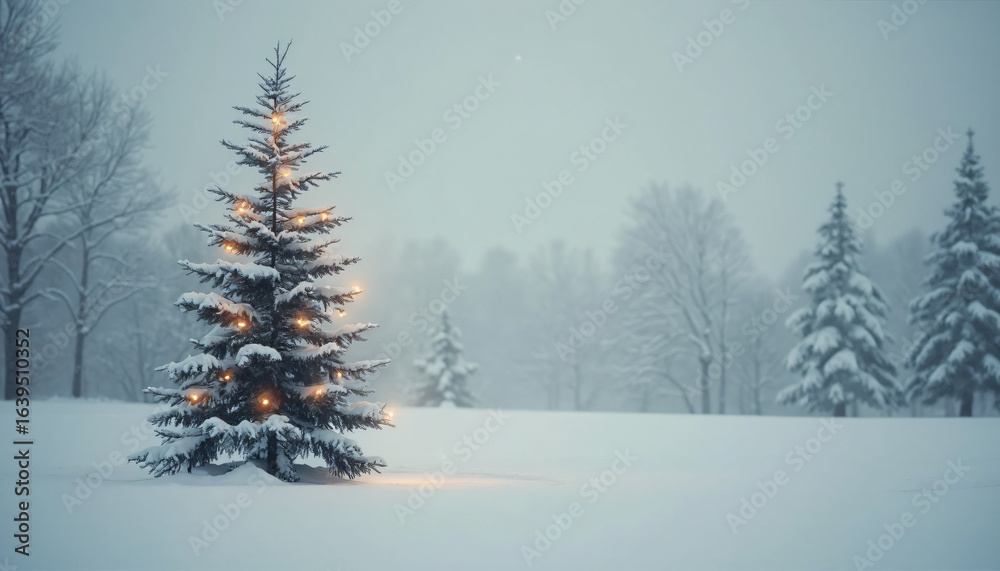 Fototapeta premium Snowy Landscape with Decorated Christmas Tree