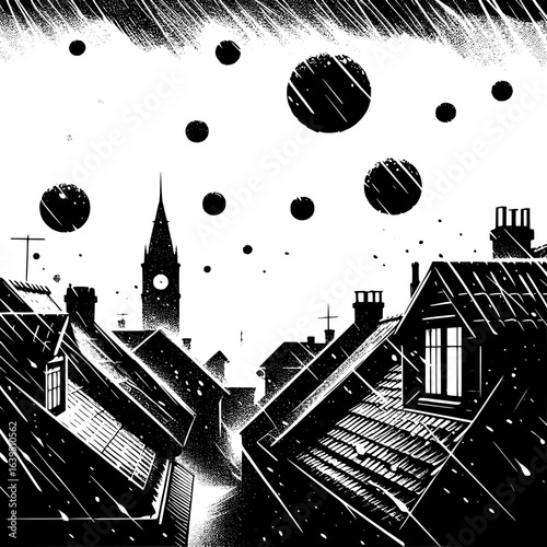 Black and White Vector Silhouette of Hailstorm Pelting Roofs