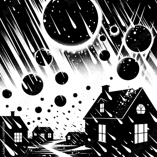 Black and White Vector Silhouette of Hailstorm Pelting Roofs