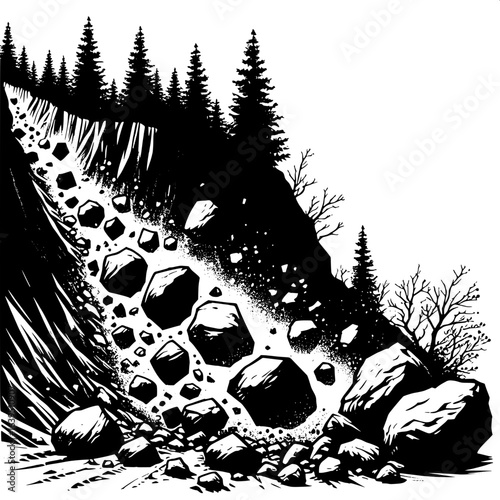 Black and White Vector Silhouette of Rockslide on Mountain Trail