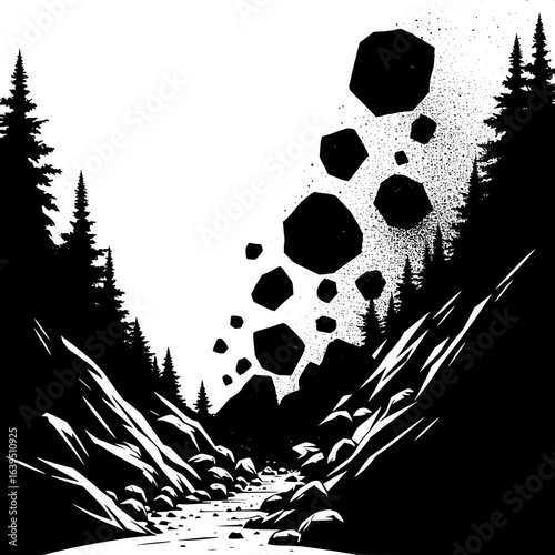 Black and White Vector Silhouette of Rockslide on Mountain Trail