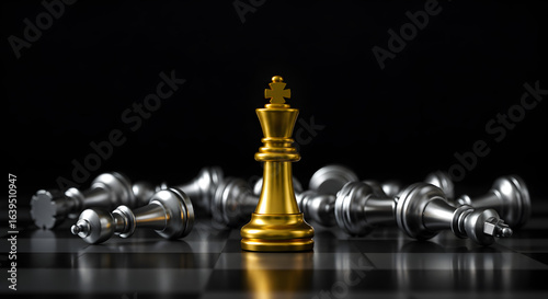 Victorious gold chess king as the last one standing on a chessboard. Metaphor for successful business management, winning a competitive battle, and market leadership.