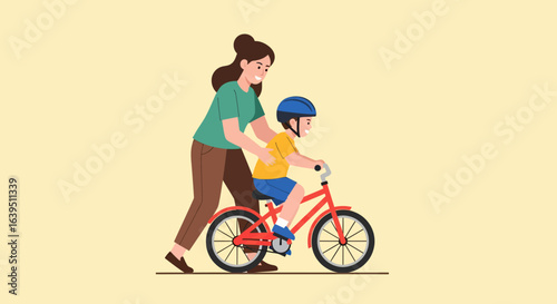 Happy Mother Guiding Child on First Bike Ride