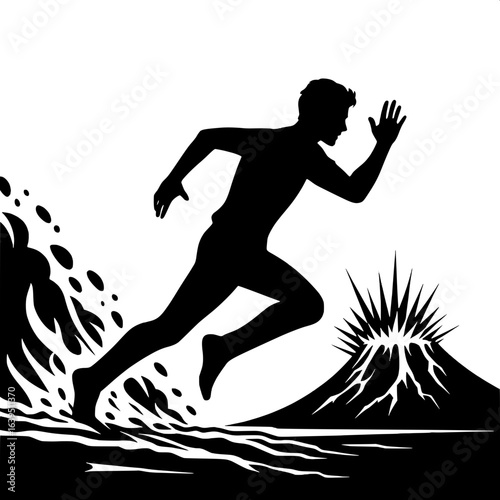 Black and White Vector Silhouette of Person Running From Lava Flow
