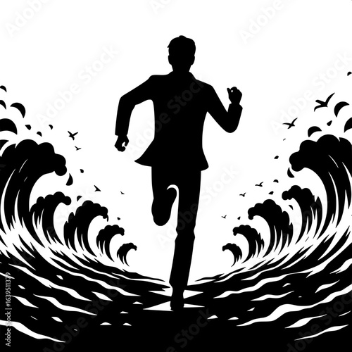 Black and White Vector Silhouette of Person Running From Lava Flow