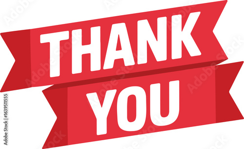 Thank you, lettering on a red ribbon banner, isolated vector graphic for appreciation and greetings.

