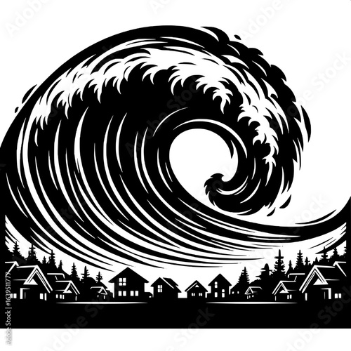 Black and White Vector Silhouette of Tsunami Wave Approaching Coast