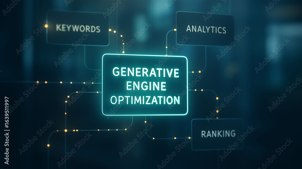 Obraz premium Generative engine optimization with glowing digital connections linking keywords, analytics and ranking on dark background, concept of search marketing, online visibility and data driven content