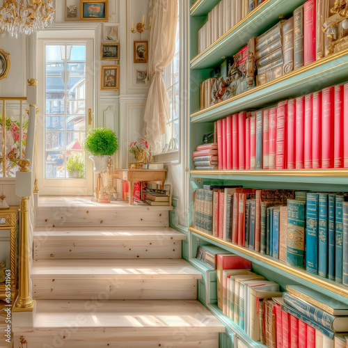 Photorealistic depiction of a magical castle library with towering bookshelves, warm lighting, a staircase, and a window, creating a cozy and enchanting reading retreat.