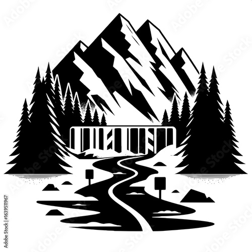 Black and White Vector Silhouette of Snowstorm Blocking Mountain Road