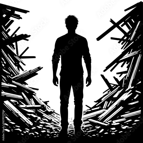 Black and White Vector Silhouette of Man Surveying Earthquake Rubble