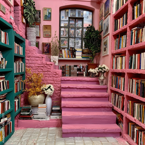 Photorealistic depiction of a magical castle library with towering bookshelves, warm lighting, a staircase, and a window, creating a cozy and enchanting reading retreat.