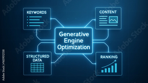 Generative engine optimization GEO diagram showing keywords, content, structured data and ranking concept of digital marketing, search visibility and online growth