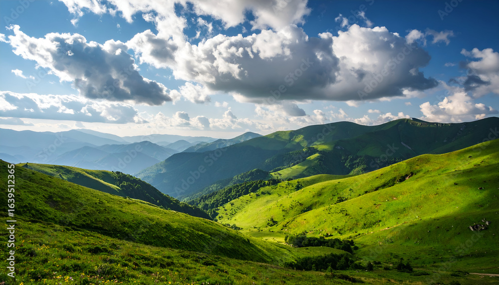 Fototapeta premium Sunny Green Mountain Valley Landscape.