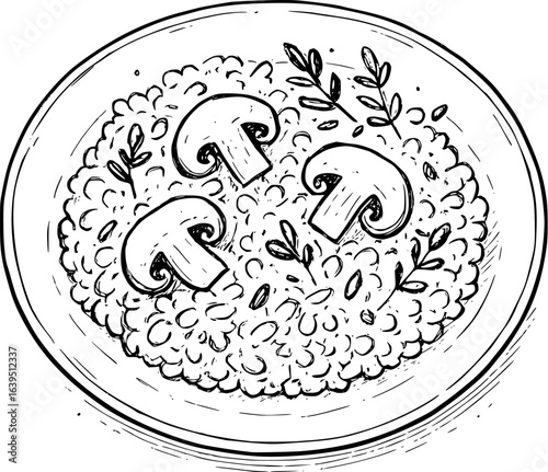 Hand-drawn vegan mushroom risotto sketch illustration. Artistic line drawing of plant-based Italian cuisine with herbs, vector design isolated on white background.