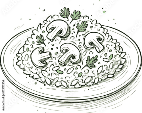 Hand-drawn vegan mushroom risotto sketch illustration. Artistic line drawing of plant-based Italian cuisine with herbs, vector design isolated on white background.