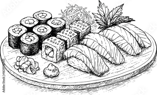 Detailed artistic sushi platter sketch with various rolls and sashimi. Japanese cuisine illustration with fine line drawing, vector design isolated on white background.